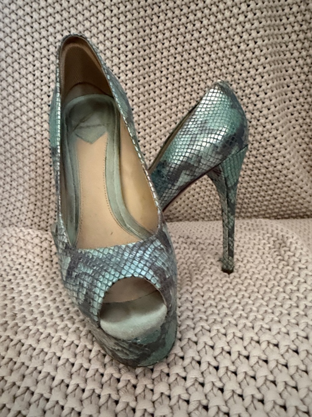 Brian Atwood Teal Snakeskin Peep-Toe Stilettos